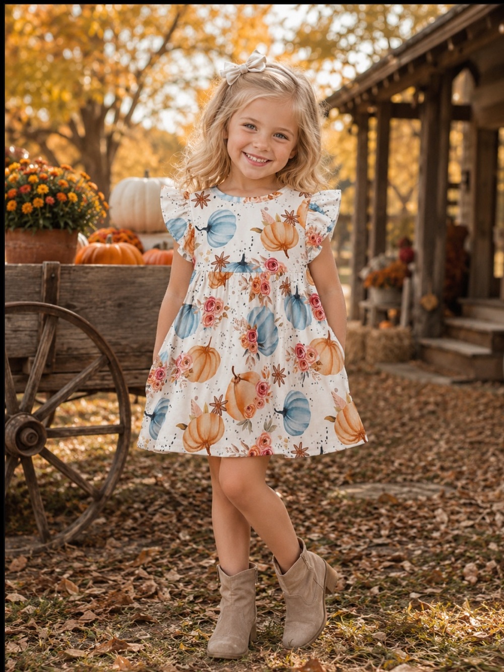 New Girls Boutique Pumpkin Floral Dress with Ruffle Sleeves Fall Thanksgiving